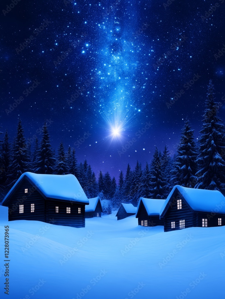 Naklejka premium Enchanting Winter Village Under Starry Night - Magical winter scene, snow-covered houses, starry sky, tranquil atmosphere, Christmas spirit. Symbolizing peace, wonder, serenity, hope, and joy.