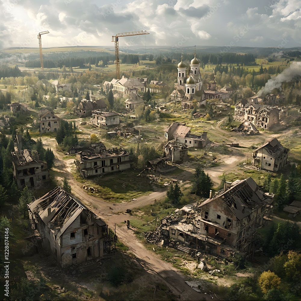 Obraz premium War Torn Village With Damaged Buildings And Church Cranes Above In Cloudy Day Landscape