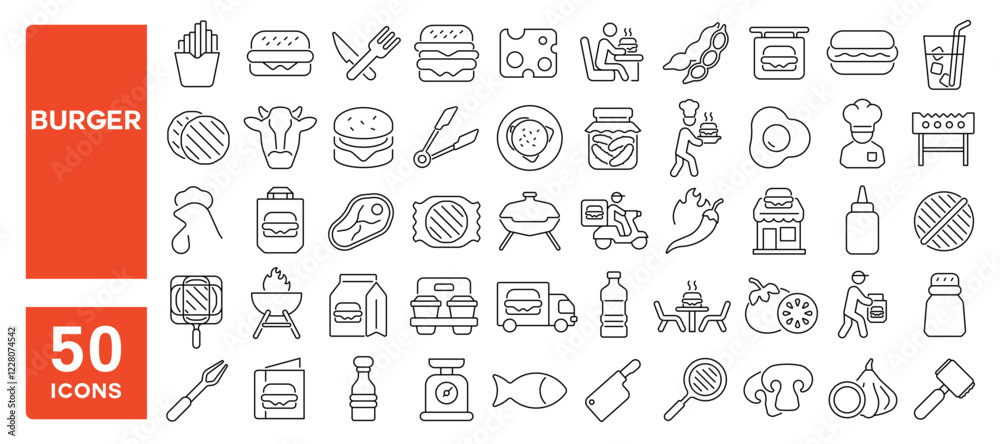 Set of 50 line icons related to burger, beef, chicken, meat, restaurant, sandwich, fries, cheeseburger, grill, fast food, bun, Editable stroke. Vector illustration Set of 50 line icons related to burger, beef, chicken, meat, restaurant, sandwich, fries, cheeseburger, grill, fast food, bun, Editable stroke. Vector illustration