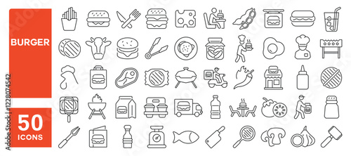 Set of 50 line icons related to burger, beef, chicken, meat, restaurant, sandwich, fries, cheeseburger, grill, fast food, bun, Editable stroke. Vector illustration