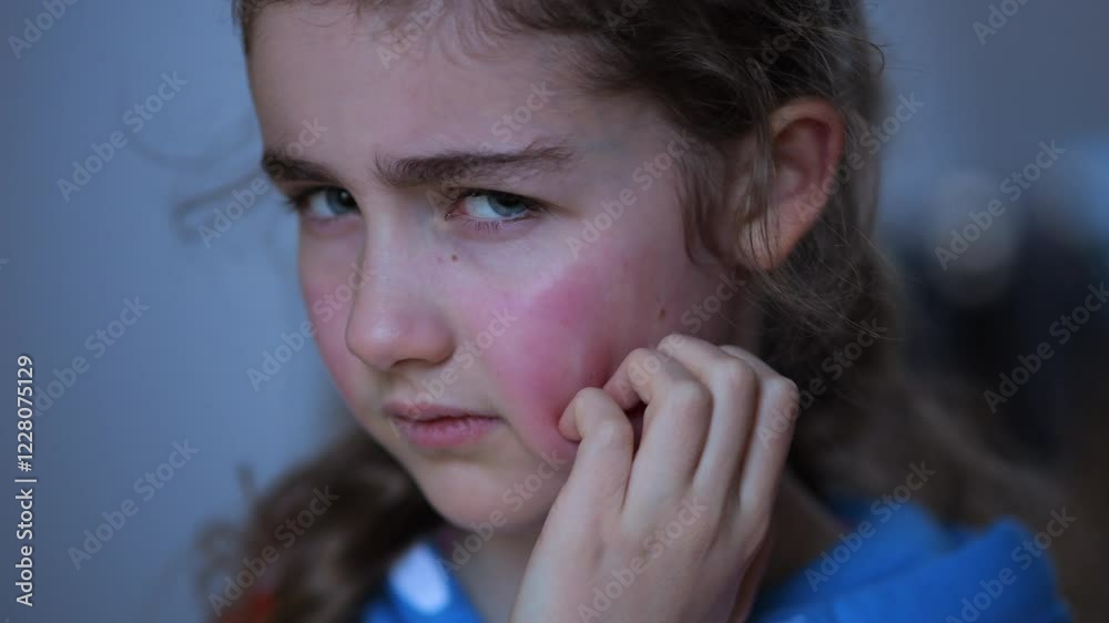 Girl Has Dry Red Skin and Scratching Her Face. Child Scratches Atopic Skin. Dermatitis, Diathesis, Allergy on Child Body and Face. Irritation and Pruritus. Kid Having Allergic Reaction on Skin to Food Girl Has Dry Red Skin and Scratching Her Face. Child Scratches Atopic Skin. Dermatitis, Diathesis, Allergy on Child Body and Face. Irritation and Pruritus. Kid Having Allergic Reaction on Skin to Food
