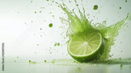 Juicy fresh lime splitting in mid-air with vibrant green juice splash and zest explosion on white background. High-resolution citrus fruit for cocktail and summer drink ads.
