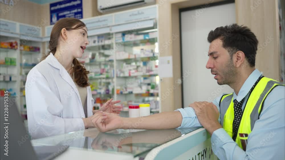 The pharmacist explains the use of medicines to the engineers who come to buy medicine in the pharmacy