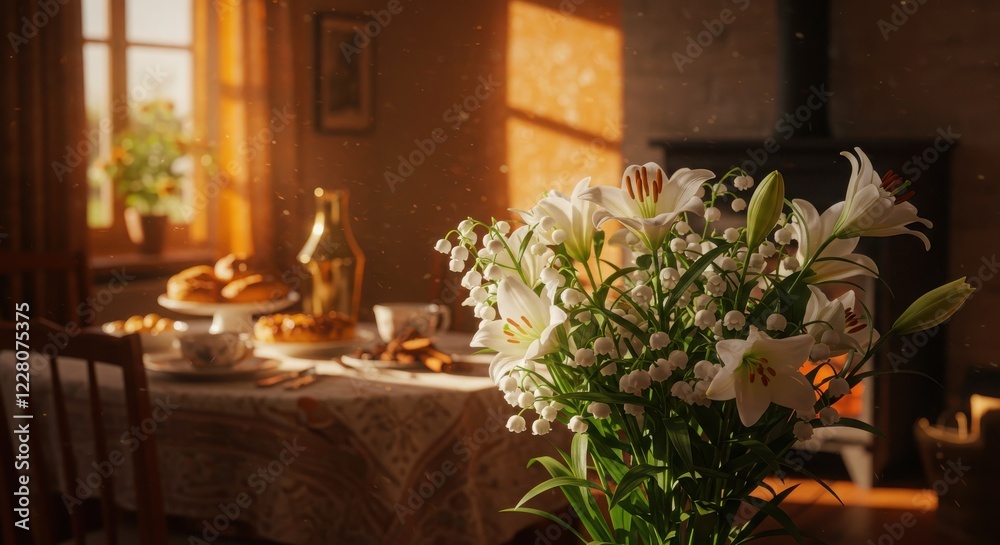 Cozy Home Interior with Lily Flowers on Dining Table in Warm Sunlight Cozy Home Interior with Lily Flowers on Dining Table in Warm Sunlight
