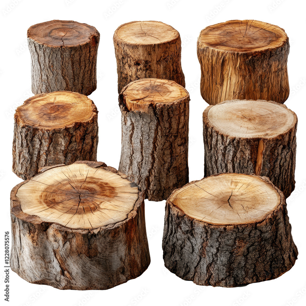 Natural wooden logs in various sizes arranged artfully on a bright background for decorative purposes isolated on transparent background Natural wooden logs in various sizes arranged artfully on a bright background for decorative purposes isolated on transparent background