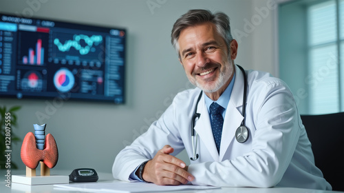 Endocrinology specialist doctor in his office while explaining medical information with an anatomical model of the thyroid gland and a screen showing clinical results of Hormonal Health. Endocrinologi