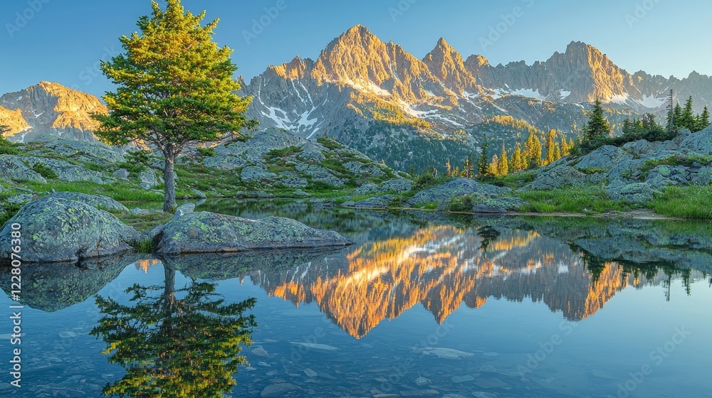 Obraz premium Serene Mountain Lake with Mirrored Reflection of Jagged Peaks and Lone Tree