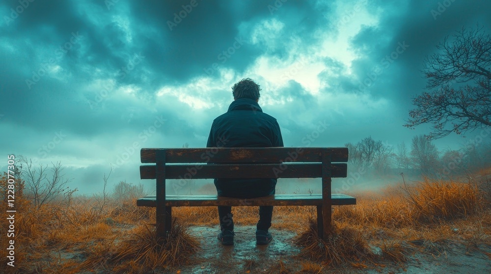 A Solitary Figure Sits on a Weathered Bench in a Desolate Landscape Under an Overcast Sky A Solitary Figure Sits on a Weathered Bench in a Desolate Landscape Under an Overcast Sky