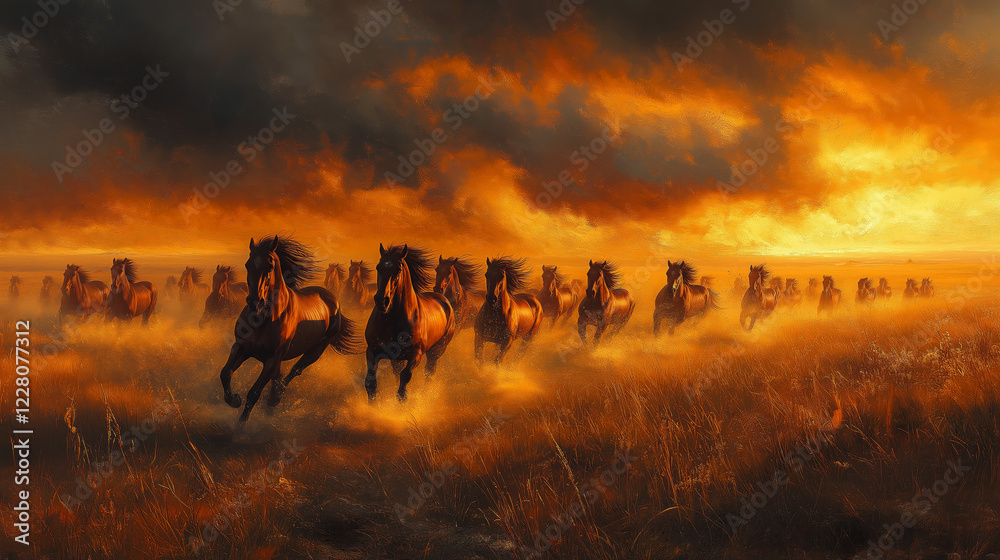 Fototapeta premium A herd of wild horses galloping across a wide, open plain under stormy skies, showcasing the power, freedom, and raw energy of untamed nature