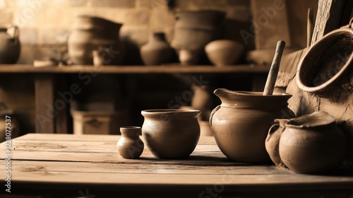 Scene of a pottery setup. Featuring clay, pottery wheel, and finished pots. Highlighting the craft of pottery making. Ideal for DIY and art blogs. photo