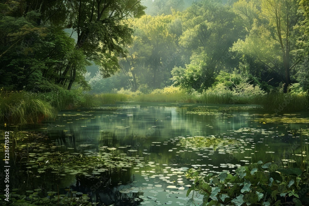 Serene pond reflecting the surrounding lush green forest in a misty morning, creating a tranquil and magical atmosphere Serene pond reflecting the surrounding lush green forest in a misty morning, creating a tranquil and magical atmosphere
