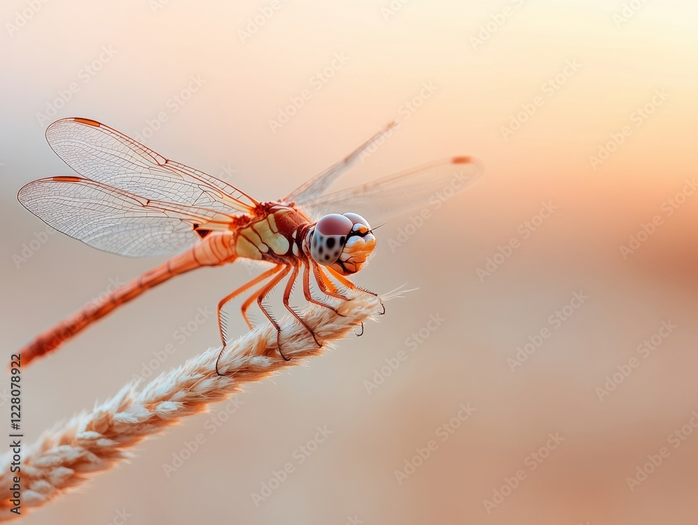 Golden Hour Macro Elegance Dragonfly with Translucent Veined Wings on Reed - Nature-Centric Content for Eco-Tourism and Environmental Awareness Campaigns Golden Hour Macro Elegance Dragonfly with Translucent Veined Wings on Reed - Nature-Centric Content for Eco-Tourism and Environmental Awareness Campaigns