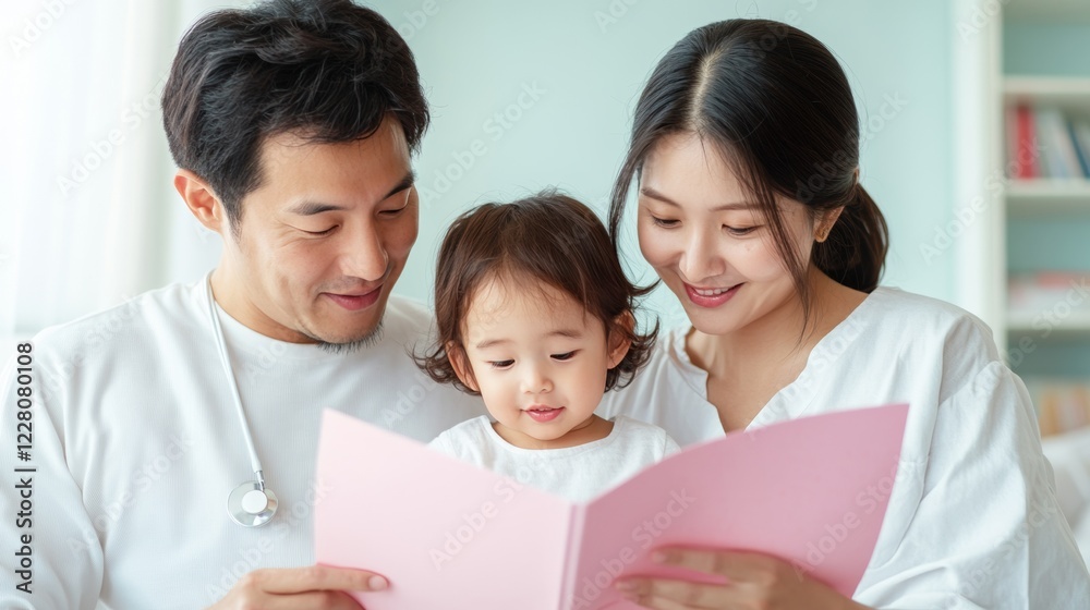 Modern Family Health East Asian Parents and Child Engaged with Vaccine Information in a Contemporary Clinic Setting - Promoting Public Wellbeing and Educational Content Modern Family Health East Asian Parents and Child Engaged with Vaccine Information in a Contemporary Clinic Setting - Promoting Public Wellbeing and Educational Content