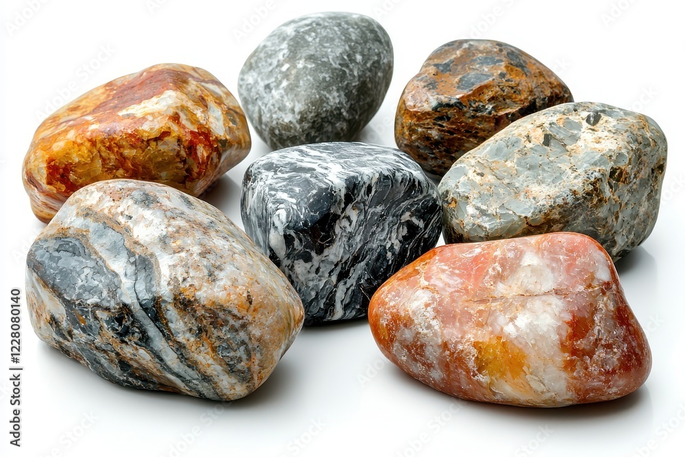 A collection of various polished stones arranged on a white background. A collection of various polished stones arranged on a white background.