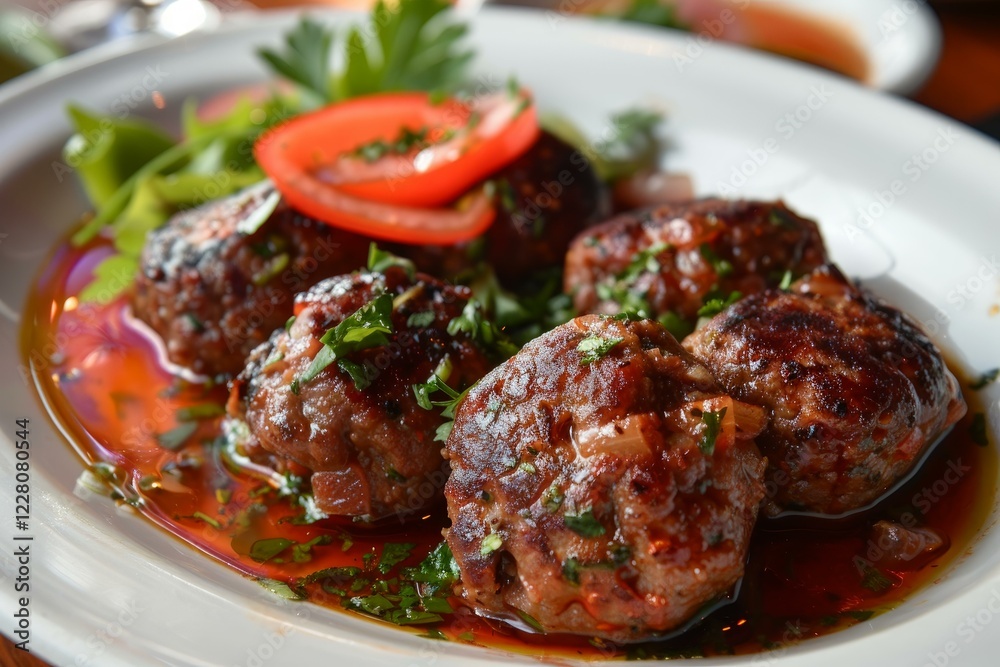 Juicy meatballs simmering in rich sauce, garnished with fresh parsley and tomato slices, presented on an elegant white plate Juicy meatballs simmering in rich sauce, garnished with fresh parsley and tomato slices, presented on an elegant white plate