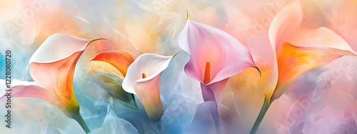 Beautiful colorful calla lilies, ethereal, luminous colors, soft lighting
