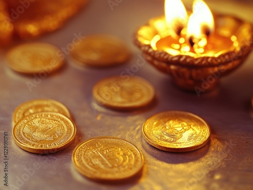 Gold coins and lit incense sticks arranged in a traditional manner, symbolizing devotion and religious offerings. photo