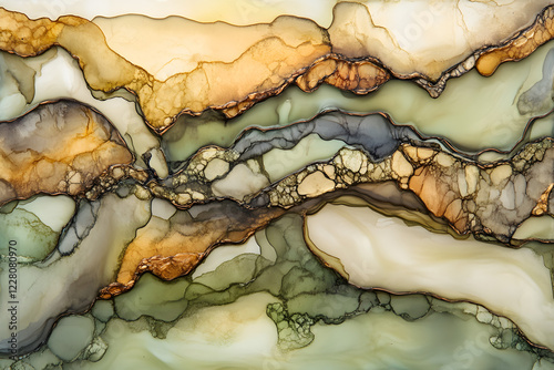 layered abstract artwork in earthy colors of green, beige, and brown accented with gold, creating natural, flowing shapes