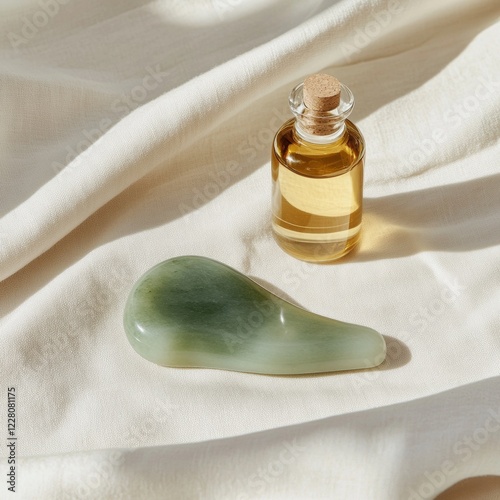 Elegant Korean Beauty Ritual Display Jade Gua Sha on Linen with Facial Oil - Sustainable Skincare Merchandising and Wellness Content Creation photo