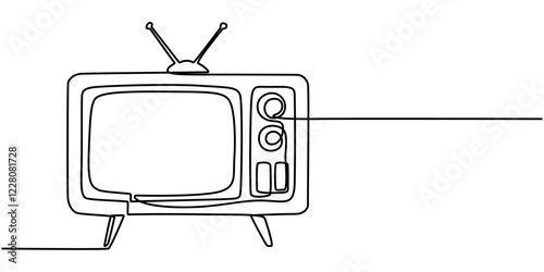 Continuous single one line drawing of old retro analog television. Editable line vector illustration, Single continuous line drawing of retro old fashioned tv with wooden case and leg. Antique vintage