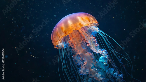 A Glowing Jellyfish Drifting in the Deep Sea, Surrounded by Bioluminescent Particles, Creating a Mystical, Ethereal Atmosphere – AI-generated
