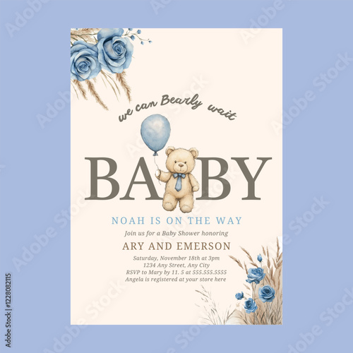 Teddy Bear Blue Bearly Wait Baby Invitation