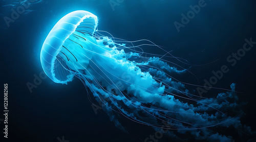 A Glowing Jellyfish Drifting in the Deep Sea, Surrounded by Bioluminescent Particles, Creating a Mystical, Ethereal Atmosphere – AI-generated