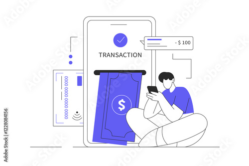 Mobile banking, online payment concept, money transfers. Make online transaction using money transfer in app. Flat Cartoon Vector Illustration, icon. Stylish abstract