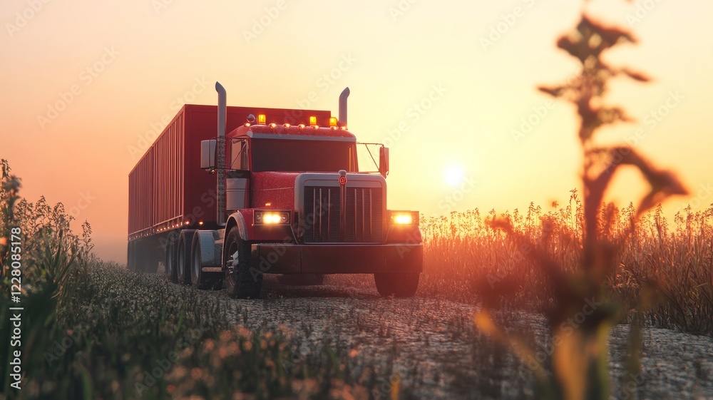 Obraz premium Majestic Truck Journey Through Serene Fields at Sunrise: A Captivating Transportation Scene