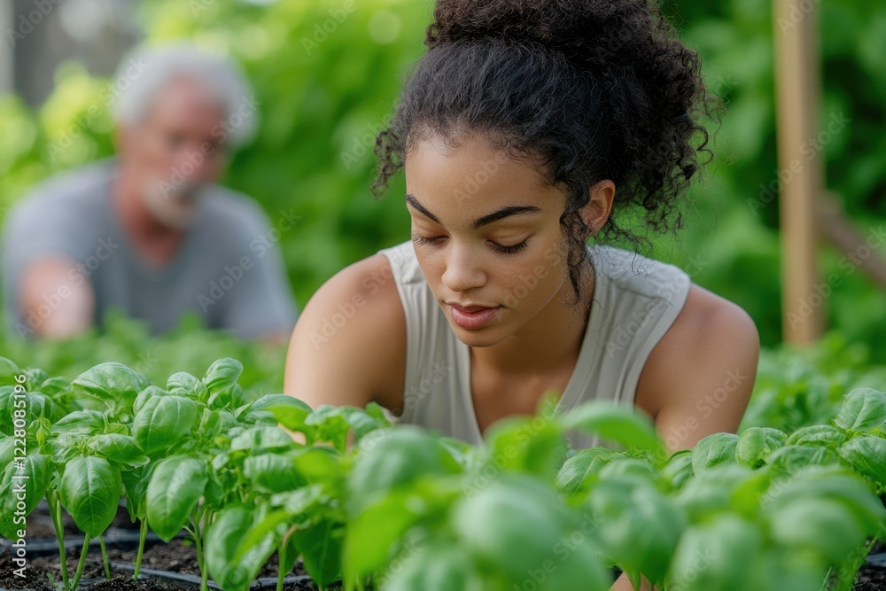 Fototapeta premium Young woman tending to vibrant basil plants in a garden, an older man in the background.