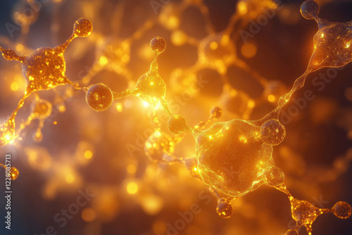 Abstract representation of glowing golden molecules, intricate network of atoms and bonds. photo