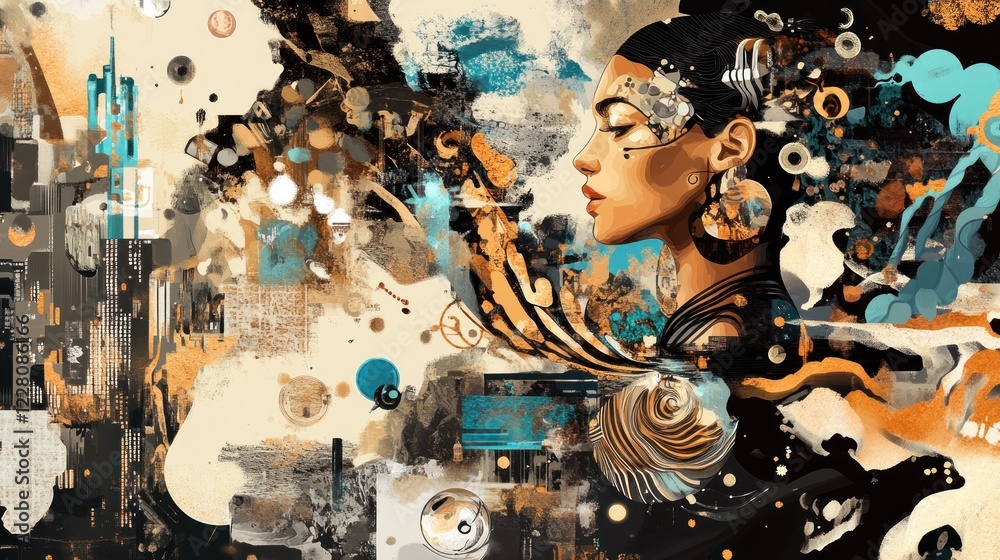 Obraz premium Abstract portrait of a woman with teal, brown, and beige elements.