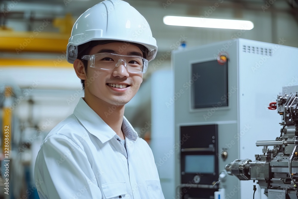 Smiling Young Asian Male Engineer in White Coat Hard Hat Safety Glasses Industrial Factory Setting Modern Technology Advanced Manufacturing Equipment Professional Portrait Job Team Happy Smart Worker Smiling Young Asian Male Engineer in White Coat Hard Hat Safety Glasses Industrial Factory Setting Modern Technology Advanced Manufacturing Equipment Professional Portrait Job Team Happy Smart Worker