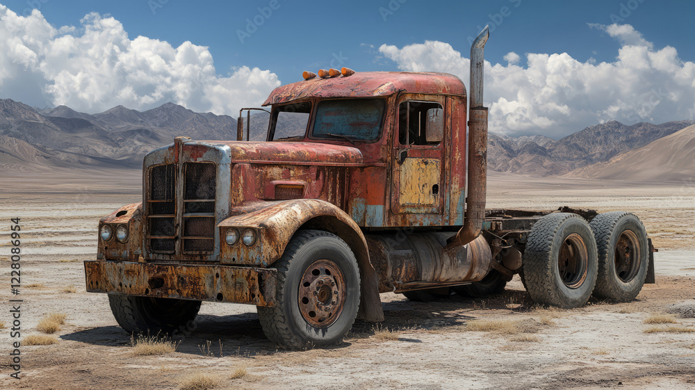 Fototapeta premium Rustic Abandonment: A Weathered Truck Resting in an Arid Landscape of Desert Plains