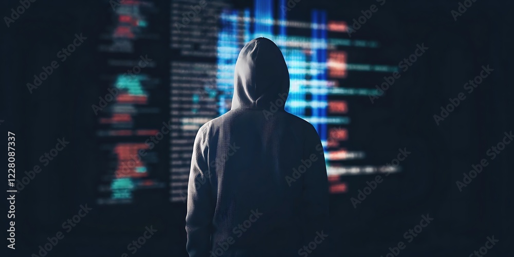 Futuristic Illustration of a Hacker in a Hoodie Facing a Code Screen - Cybersecurity and Cybercrime Futuristic Illustration of a Hacker in a Hoodie Facing a Code Screen - Cybersecurity and Cybercrime