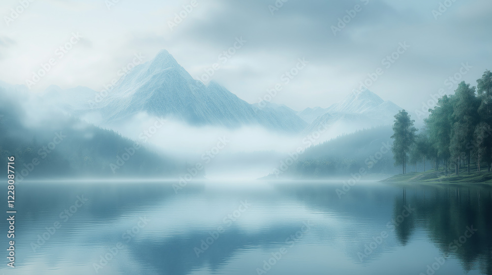 A peaceful mountain lake shrouded in morning fog, with calm waters perfectly reflecting the surrounding peaks, creating a serene and tranquil atmosphere A peaceful mountain lake shrouded in morning fog, with calm waters perfectly reflecting the surrounding peaks, creating a serene and tranquil atmosphere