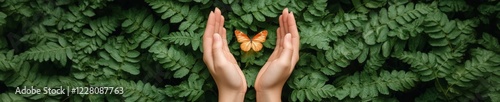 Nature-Centric Artistry Hands Embracing a Butterfly Among Lush Greenery Visual Metaphor for Eco-Friendly Campaigns and Sustainable Lifestyle Branding photo