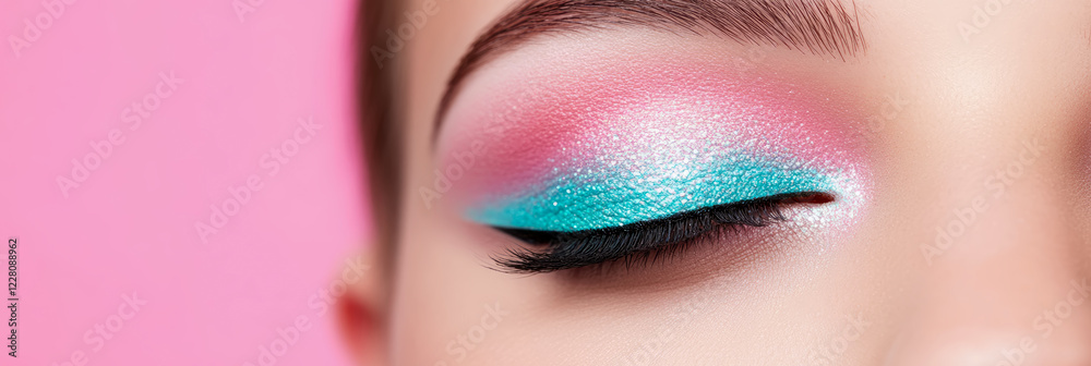 Fototapeta premium Close-up of a Woman's Eye with Pink and Turquoise Glitter Eyeshadow