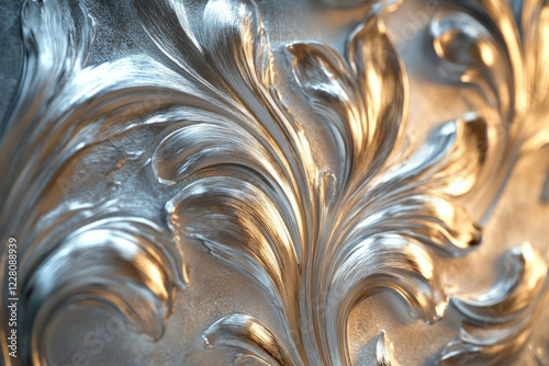 Elegant silver floral design, intricate swirling patterns, luxurious metallic texture. photo