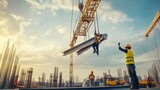 A crane operator lifting heavy steel beams at a construction site, with construction workers guiding the operation and industrial machinery in the background, Steel beam lifting scene