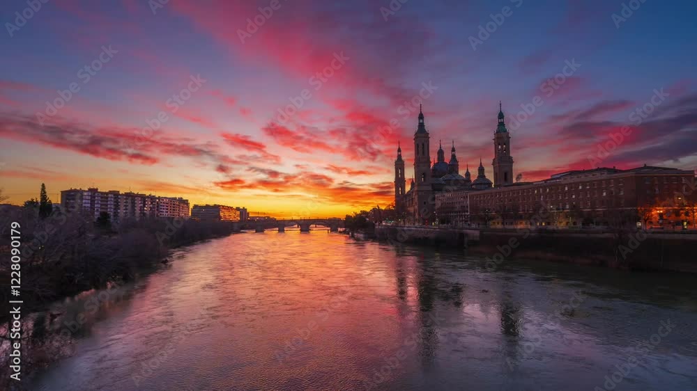 Timelapse rio Ebro e iglesia Basílica del Pilar en Zaragoza 60 fps