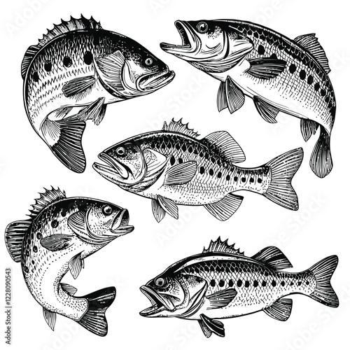 Set of black and white of largemouth bass fish vector...