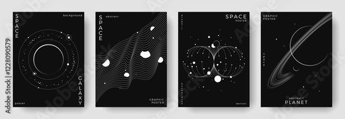 Set of abstract space astronomy backgrounds. Line art galaxy, universe, planet, solar system. Science future concept. Cosmic minimalist design for cover, poster, layout, banner, flyer, brochure