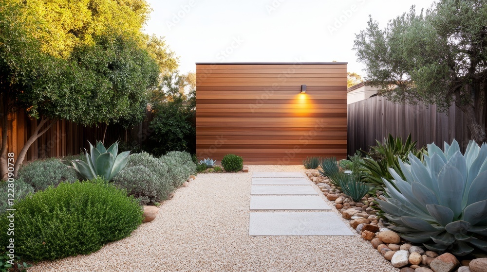 Obraz premium Eco-Chic Backyard Design Fire-Resistant Succulent Garden with Yucca and Aloe Vera - Sustainable Landscaping and Urban Climate Adaptation with Natural Wood and Stone Elements