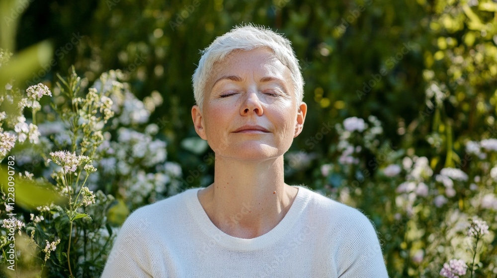 Mindful Serenity Mature Woman Practicing Breathing in Lush Garden - Natural Wellness Imagery for Health Content and Mental Wellbeing Campaigns