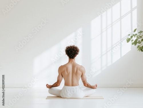 Minimalist Wellness Retreat Lean Indian Man Practicing Pranayama in Sunlit Space for Mindfulness and Stress Relief - Indoor Fitness and Modern Lifestyle Inspiration photo