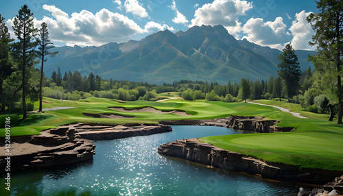 lake in the mountains, Serene Golf Course Landscape Under Bright Blue Sky