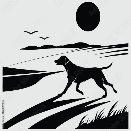 a dog running on the beach silhouette vector design art and illustration