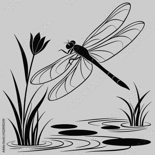 a dragonfly skimming a pond silhouette vector design art and illustration