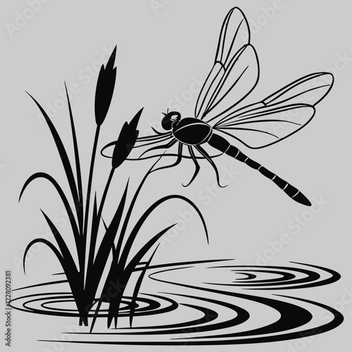 a dragonfly skimming a pond silhouette vector design art and illustration